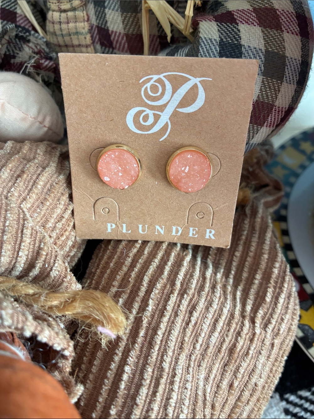 Plunder Peach Druzy Stud Earrings in Gold-Tone Setting